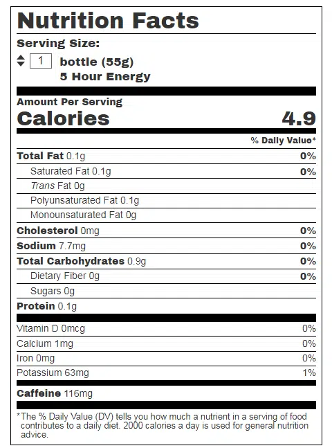 5 Hour Energy Nutritional Value