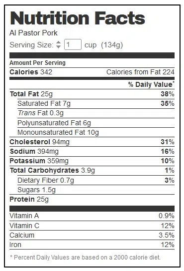 Al Pastor Nutritional Information