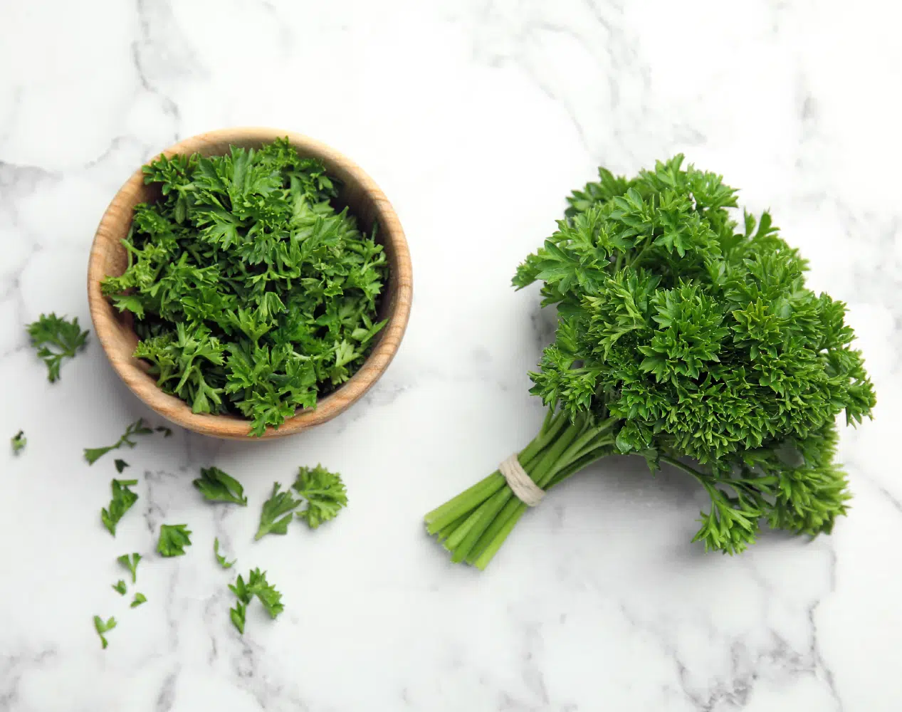 Flat Lay Of Fresh Green Parsley On Marble Table
