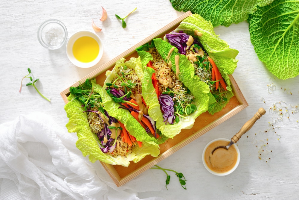 Lettuce Detox Spring Rolls With Quinoa, Sprouts And Thai Peanut Sauce