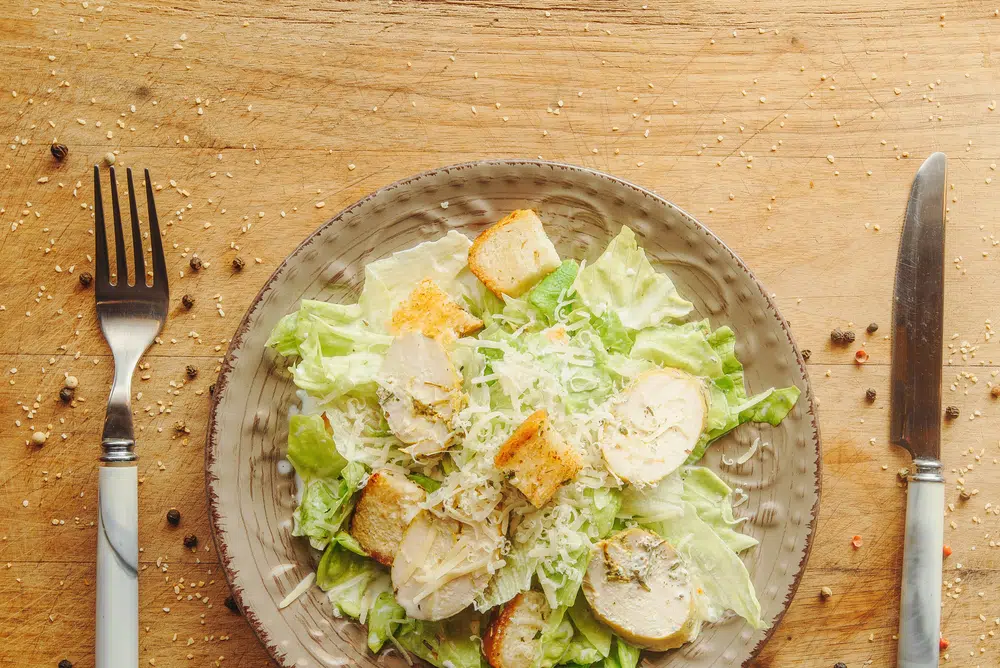 Salad With Croutons, Grilled Chicken Breast, Grated Parmesan Cheese And Lettuce