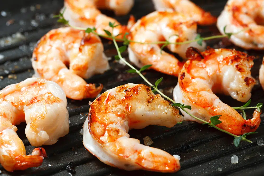 Grilled Tiger Shrimps On Grill With Spices