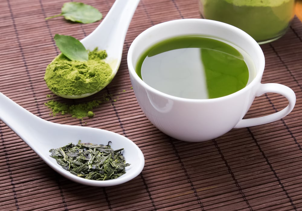 Matcha Green Tea, Green Tea Powder And Dried Green Tea Leaves
