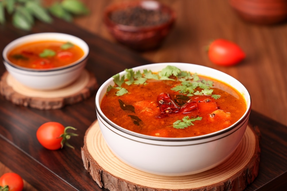 South Indian Tomato Rasam Curry Hot Spicy Soup With Cumin