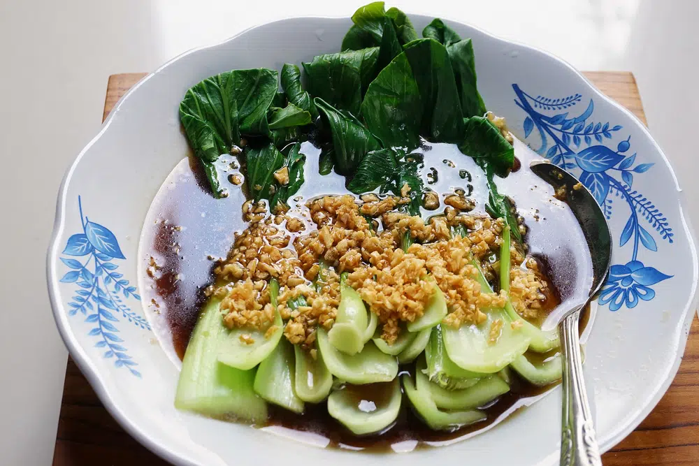 Saute Chinese Cabbage Or Bokchoy With Fried Garlic And Oyster Sauce